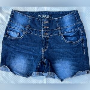 Rue21 Women’s Blue Denim Jean Shorts High Waist Button Fly Cuffed Front